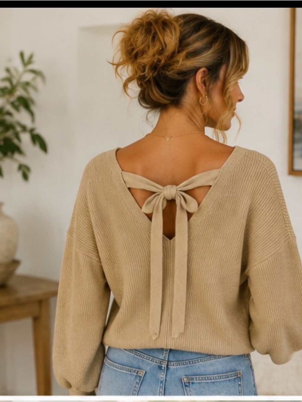 SHEIN Beige Tie-Back Ribbed V-Neck Sweater